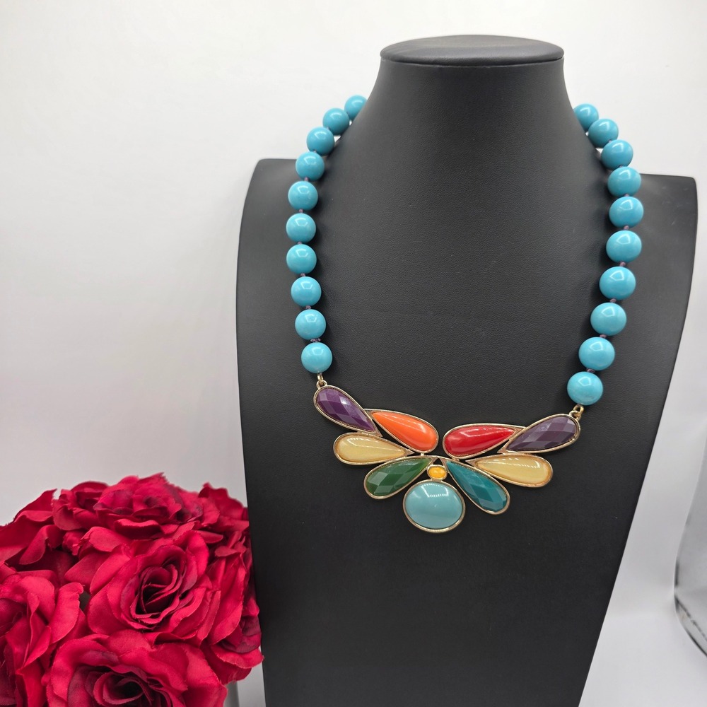 Liz Claiborne Multicolored Bib Statement Necklace Turquoise Bead Gold Tone Retro